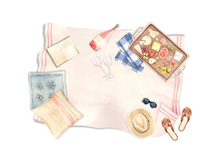 Fototapeta na wymiar Picnic blanket with pillows, wooden tray with food, snacks, wine - Watercolor hand painted illustration. Perfect for picnic cards