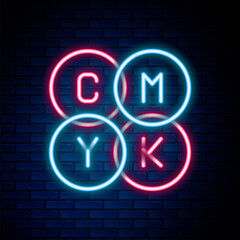 Glowing neon line CMYK color mixing icon isolated on brick wall background. Colorful outline concept. Vector