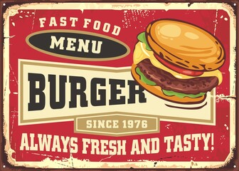 Fast food menu board with tasty burger illustration on red background. Vintage food vector graphic. Fast food burger sign template. 