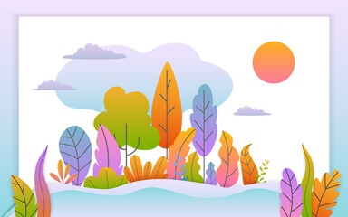 Fototapeta na wymiar autumn fall banner with abstract gradient colored fantasy trees bushes leaves background