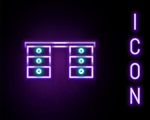 Glowing neon line Office desk icon isolated on black background. Colorful outline concept. Vector