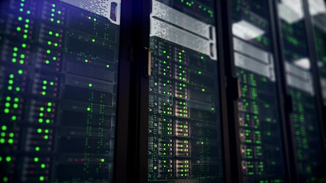 Servers racks close up in Modern data center. Cloud computing datacenter server room. Cloud computing data storage 3d rendering. 4k UHD animation