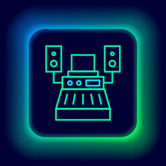 Glowing neon line Music sound recording studio control room with professional equipment icon isolated on black background. Colorful outline concept. Vector