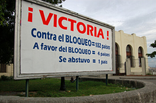 Political poster in Havana against USA blockade of Cuba