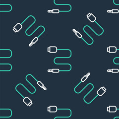 Line Audio jack icon isolated seamless pattern on black background. Audio cable for connection sound equipment. Plug wire. Musical instrument. Vector