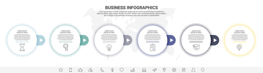 Vector infographics with six circles. Modern concept 6 icons with arrows for the app, website, interface, chart, levels, web, diagram, banner, presentations on white isolated background