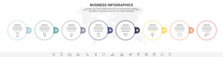 Vector infographics with eight circles. Modern concept 8 icons with arrows for the app, website, interface, chart, levels, web, diagram, banner, presentations on white isolated background