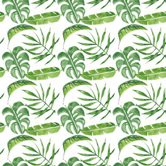 Watercolor tropical leaves and flowers seamless pattern