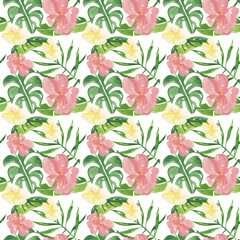 Watercolor tropical leaves and flowers seamless pattern
