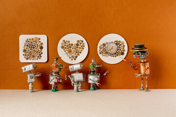 Robot guide leads an educational excursion tour in the gallery of the museum of the history of...