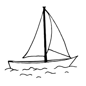 Doodle sailboat on the waves on a white background.Vector boat can be used in summer beach designs,textiles,postcards.
