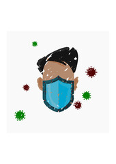 Editable Isolated Vector Illustration of a Male Character Using Mask as Shield from Viruses in Brush Strokes Style for Artwork Element of Healthcare and Medical Related Design