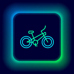 Fototapeta na wymiar Glowing neon line Bicycle icon isolated on black background. Bike race. Extreme sport. Sport equipment. Colorful outline concept. Vector