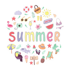 Set of colorful summer vacation doodles and lettering. Collection of clothes, accessories, food and drinks isolated on white background. Vector illustration in cartoon style for postcard, poster, stic