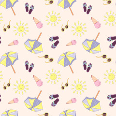 Fototapeta na wymiar Summer vacation seamless pattern with flip flops, beach umbrella, ice cream and sunglasses. Endless texture for your summer holiday. Vector illustration in cartoon style with stroke