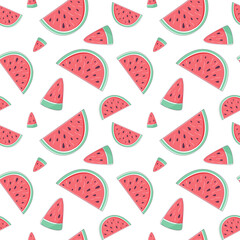 Summer seamless pattern with slices of watermelon. Endless texture with sliced juicy watermelon. Vector illustration in cartoon trendy style with strokes