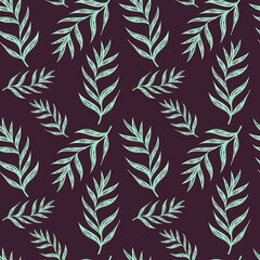 Summer seamless pattern with a branch of a palm tree on a dark background. Endless texture with tropical plant element. Trendy vector illustration in cartoon style.