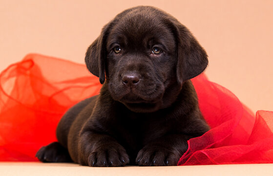 puppy lies in a red blanket on a beige background