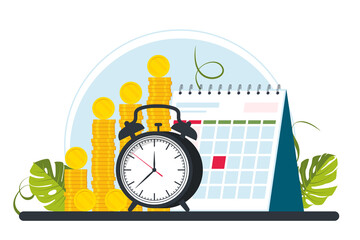 Pay Check, Salary, Payroll Concept. Heap of gold coins, alarm or clock, calendar. Time is a money and planning concept. Entrepreneurship and calendar schedule planning with filling course campaign.