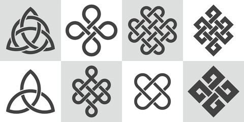 Endless knot. Set of cultural symbols of buddhism. Collection of sacred celtic patterns with intertwined knots. Medieval decorative ornament. - obrazy, fototapety, plakaty