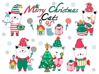Merry Christmas, cute cats For Christmas decorations, cards, t-shirt designs, gifts, digital printing, fabric prints, digital paper, stickers, keychains, ornaments, mugs, kids arts, crafting, and more