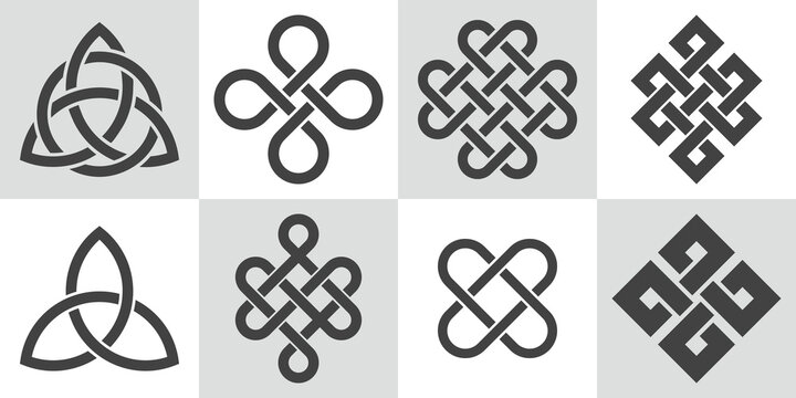 Endless knot. Set of cultural symbols of buddhism. Collection of sacred celtic patterns with intertwined knots. Medieval decorative ornament.