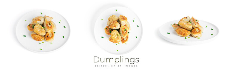 Fried dumplings with potatoes and green onion isolated on a white background.