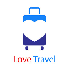 Viaje de luna de miel. Logotipo con texto Love Travel con corazón en maleta de ruedas en color azul