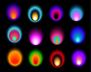 abstract soft gradient colored blurry circles round shapes over black background, banner poster flyer layout design elements set