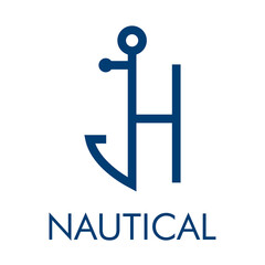 Logotipo con ancla de barco con forma de letra inicial H y texto Nautical en color azul