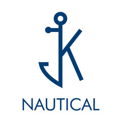 Logotipo con ancla de barco con forma de letra inicial K y texto Nautical en color azul
