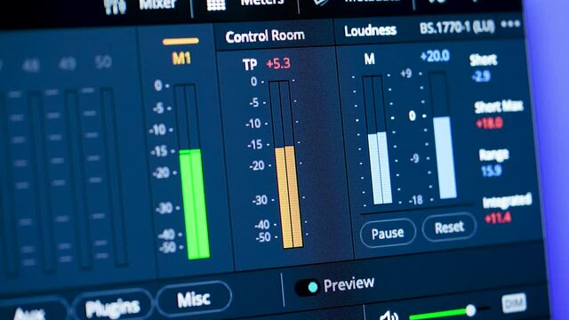 Musical equalizer. Audio editing in the recording studio. Creation of Audio Content. Recording studio audio computer editing mixing program sound controls for music and voice production.