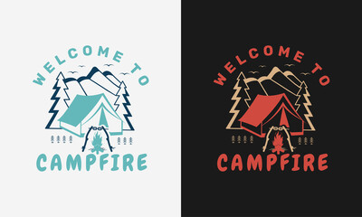 welcome to campfire with mountain, campfire and trees camping logo emblem with color variant for t-shirt design and many others, vector illustration