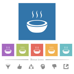 Steaming bowl flat white icons in square backgrounds