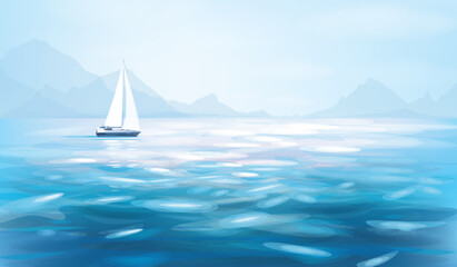 Vector blue sea view and yacht. Blue seascape background.