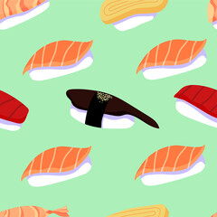 Colorful vector seeamless pattern with Japanese sushi with salmon, tuna, egg, shrimp and eel