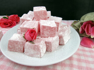  Turkish delight, rose flavored Turkish delight on the plate. 