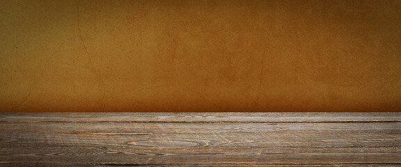 The background is blank wooden boards and a textured plastered wall with lighting and vignetting.