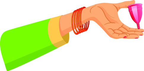 Illustration of an Indian woman  hand holding reusable silicon Menstrualcup