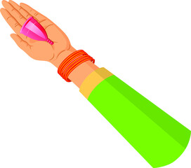 Illustration of an Indian woman  hand holding reusable silicon Menstrualcup