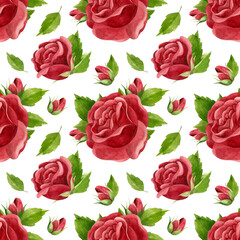 Red roses seamless pattern. Flowers, buds and rose petals. Floral background in vintage style. Watercolor clipart.