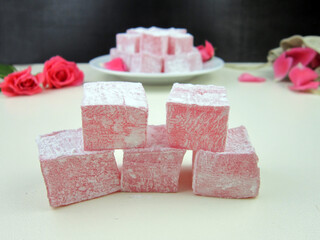      Turkish delight, rose flavored Turkish delight on the plate.       