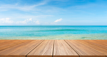 Fototapeta premium empty new wood table and tropical blue sea in background