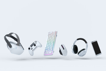 Flying gamer gears like mouse, keyboard, joystick, headset, VR on white © Vasyl Onyskiv