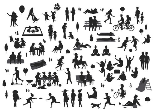 silhouettes of people in the park scenes set , men women children play, relax, dance, eat, talk ride bikes read