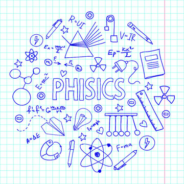 Hand drawn doodle set, with School subject Phisics