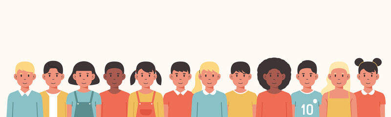 group of children character in a row together prepare for back to school, vector flat illustration