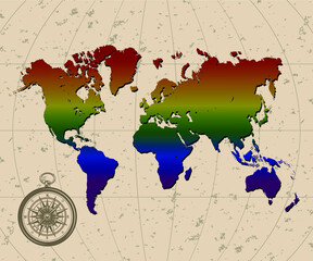 Old globe map and vintage compass colors of LGBT flag, vector illustration