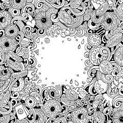 Donuts hand drawn vector doodles illustration. Sweets frame card design.