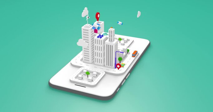 Isometric 3D City Animation On Smart Phone. Futuristic Smart City. Loop. Technology Related 3D 4K Motion Graphics.